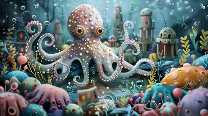 Obraz premium A whimsical 2D scene in pastels of an octopus exploring underwater ruins, crafted from soft, flowing pastel shapes