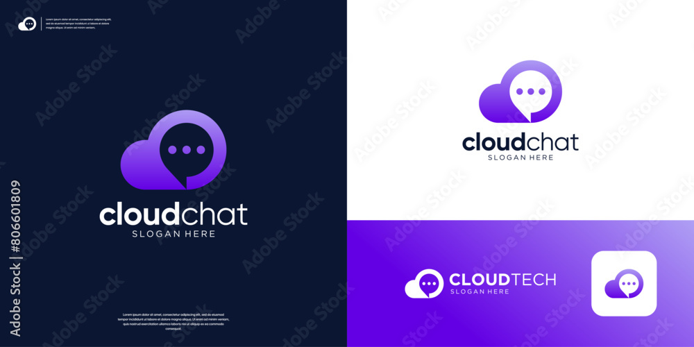 Poster simple cloud tech with chat icon logo design app.