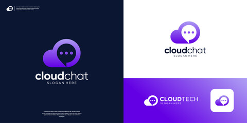 Simple cloud tech with chat icon logo design app.