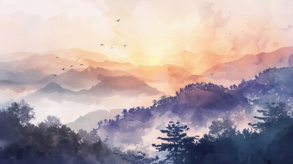 Artistic watercolor of a gentle mountain landscape at sunrise, the soft hues and peaceful scenery helping to ease patient anxiety