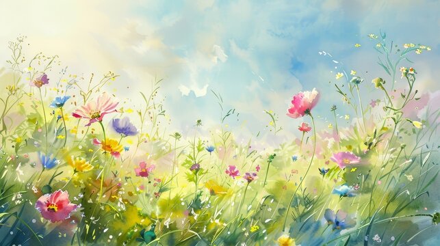 Artistic watercolor of a sunny meadow filled with wildflowers, the bright and cheerful scene helping to lighten the mood in the clinic