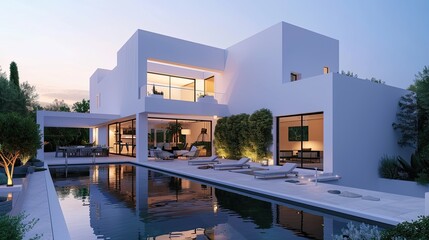 Fototapeta premium The modern allure of a white villa's exterior, with a pool that is a tranquil oasis and a garden that is a tapestry of green at dusk