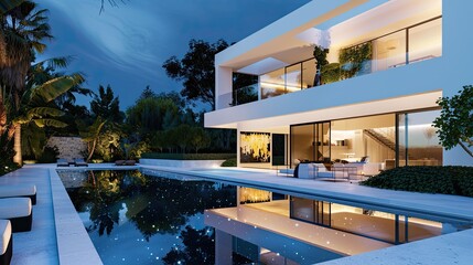 Fototapeta premium The modern charm of a white villa's exterior at night, with a pool casting reflections of the stars and a garden subtly lit