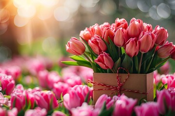 A box filled with pink tulips in the grass.