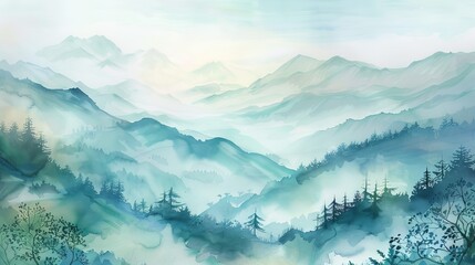 Dynamic watercolor of a mountain landscape in the early morning, soft pastel colors conveying the stillness and beauty of nature