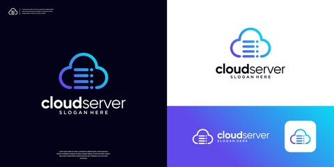 Simple cloud line art database server storage logo design template.