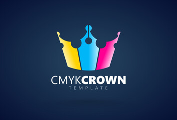 Logo Crown and Quill pen silhouette CMYK Print Polygraphy theme. Template design vector. Black background.