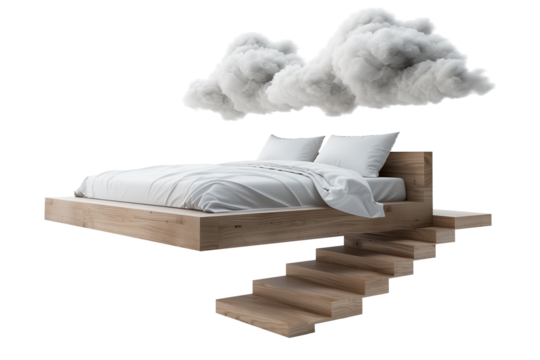 Floating bed on clouds with steps isolated on transparent background
