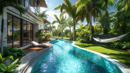 The secluded side yard of a luxury pool home, with palm trees and a hidden hammock area