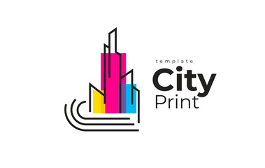 City Print Logo. СMYK Printing theme. Silhouette Buildings lines and papers. Template design vector. White background.