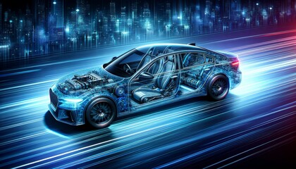 Obraz premium Futuristic car made entirely of transparent material with a blue seat is driving down a city street. The car is made of metal and has a sleek, modern design. Concept of innovation and progress