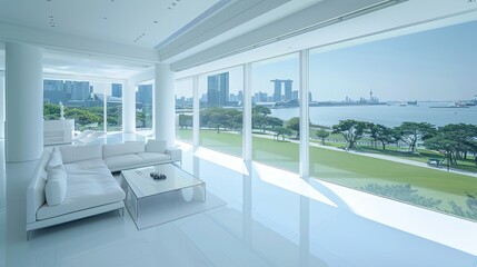 The serene white interior of a living space, with a glass wall offering a view of the city's bay and parks