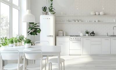 White kitchen interior with dining table and refrigerator