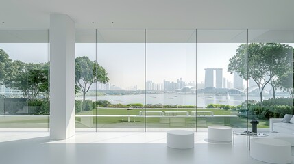 Fototapeta premium The serene white interior of a living space, with a glass wall offering a view of the city's bay and parks
