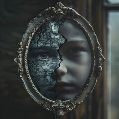 Surreal Portrait of Young Girl with Cracked Mirror Reflection