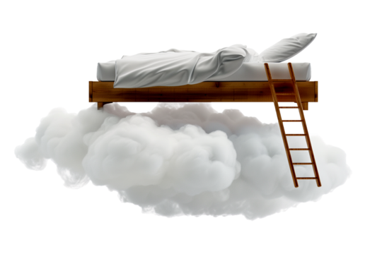 Floating bed on clouds with steps isolated on transparent background
