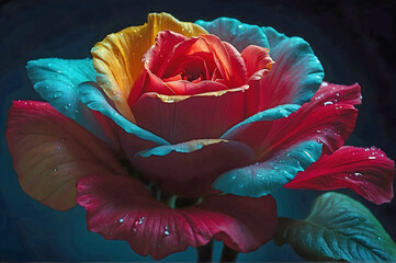 Beautiful Multi Color Rose Dew Drops Black Background