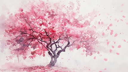 Gentle watercolor of a blooming cherry blossom tree, delicate pink petals floating down, inviting relaxation and a sense of beauty