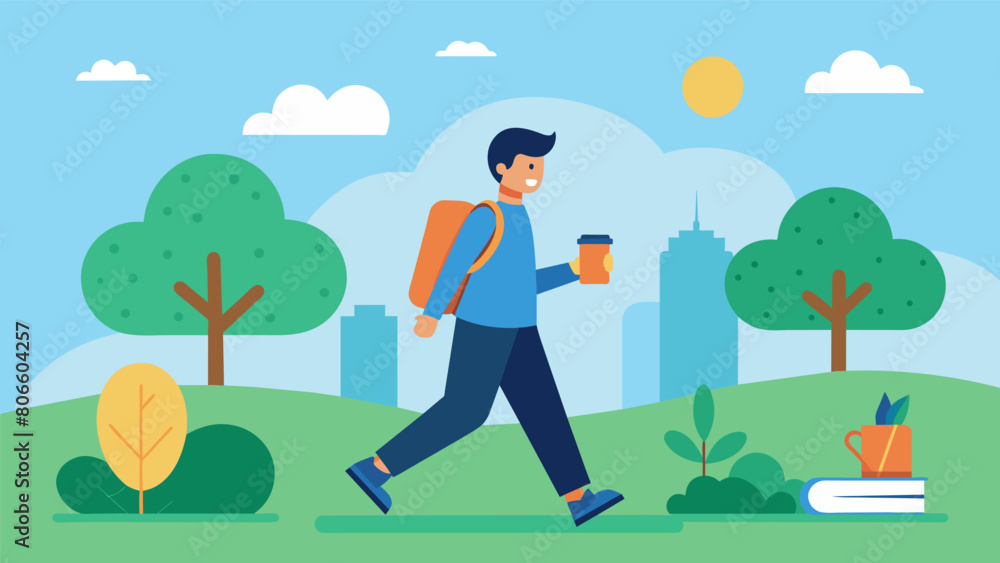 Poster a student taking a break from studying to go for a walk outside enjoying the fresh air and clearing 