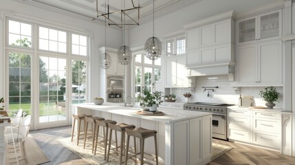 realistic portrait of kitchen with dining table set. AI generated