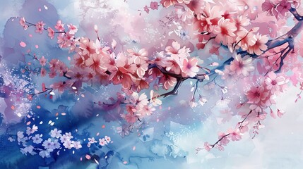 Gentle watercolor of cherry blossoms in full bloom, their delicate petals floating in the breeze, providing a peaceful visual for patients