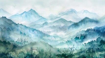 Gentle watercolor painting of a serene mountain landscape, subtle hues and soft brush strokes promoting relaxation in the clinic