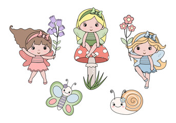 Fairy girl set, collection. Princess. Forest, butterfly, snail. Fairytale. Cute girls. Vector illustration isolated white background. Baby, child, kids poster, print, stickers