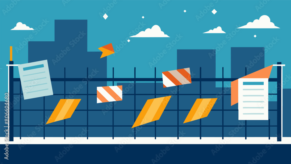 Poster haphazardly taped onto the metal fence progress reports and projected completion dates flap in the w