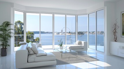The tranquil ambiance of a white living space, with a corner glass window offering a panoramic bay vista