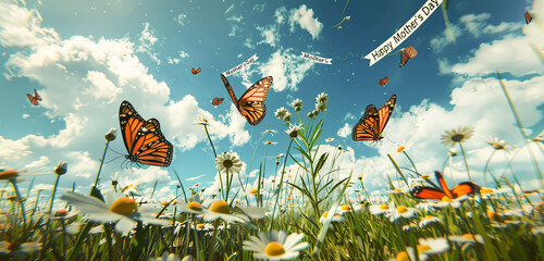 Meadow with daisies, butterflies, "Happy Mother's Day" banner in the sky.