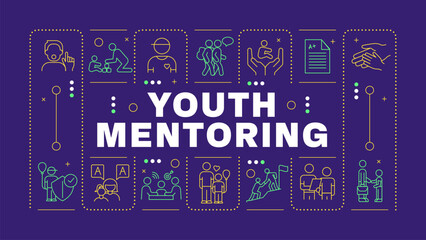 Fototapeta premium Youth mentoring purple word concept. Skill development, holistic growth. Self assurance. Horizontal vector image. Headline text surrounded by editable outline icons. Hubot Sans font used