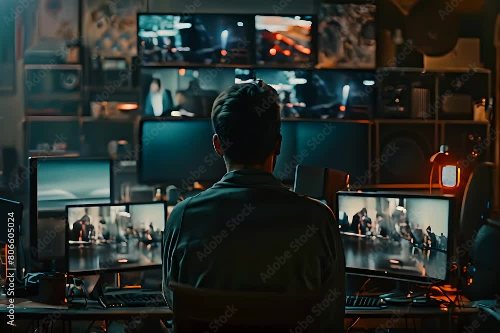 Poster trading trends, insight into the work of a financial analyst, utilizing multi-monitor setup to track