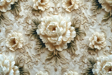 A pattern of beige colored carved floral designs with peonies and roses on a cream background. Created with Ai