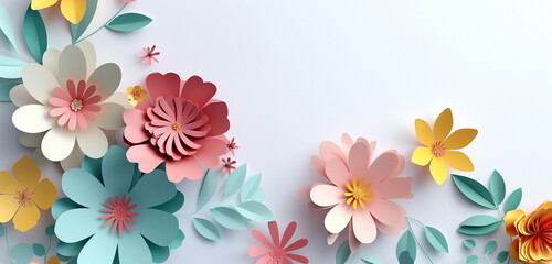 Paper-cut flowers on a clean white backdrop,  ample copy space for Mother's Day messages.