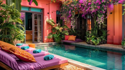 Fototapeta na wymiar The vibrant colors of a tropical villa's pool area, with flowering plants and stylish sun bed cushions