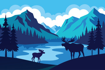 Two moose in wildlife at beautiful lake in blue mountains vector illustration