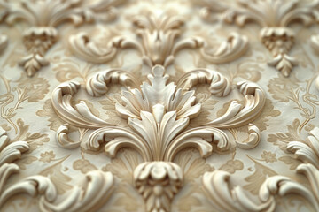 A closeup of an intricate and detailed wall pattern in the French style, showcasing the delicate details in wood carving with soft lighting to highlight its elegance. Created with Ai