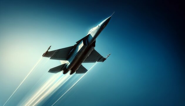 Dynamic Fighter Jet Soaring in Clear Blue Sky
