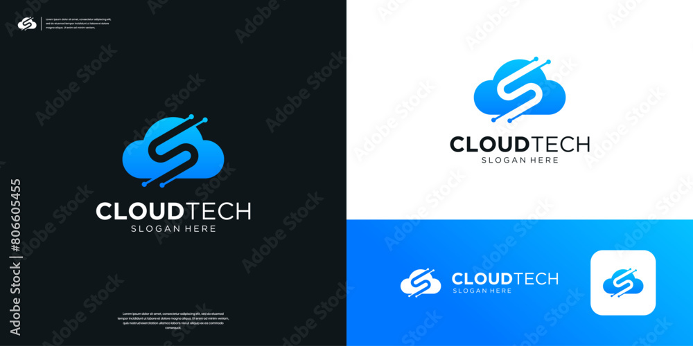 Poster cloud tech server database network logo with negative space letter s logo design.