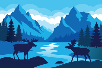 Two moose in wildlife at beautiful lake in blue mountains vector illustration