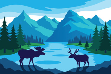 Two moose in wildlife at beautiful lake in blue mountains vector illustration