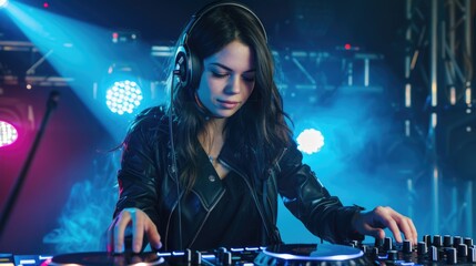DJ woman with headphones at a music mixing console.
