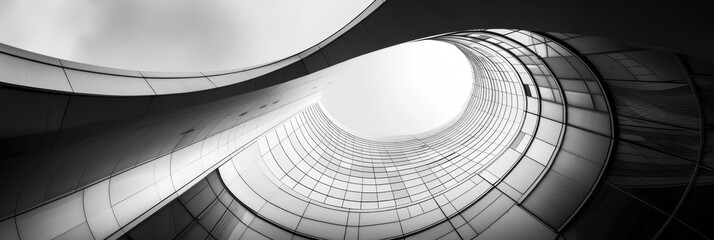 Black and white photo of a curved skyscraper, Modern architecture in a low angle shot of the building. - Powered by Adobe