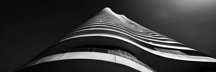 Black and white photo of a curved skyscraper, Modern architecture in a low angle shot of the building.