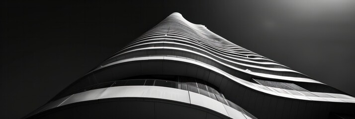 Black and white photo of a curved skyscraper, Modern architecture in a low angle shot of the...