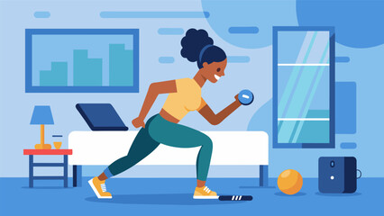 A traveler using an interactive fitness app to stay fit while on the road following along with customizable hotel room workouts.. Vector illustration