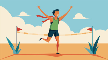 A runner crossing the finish line arms outstretched in victory after an intense and exhausting race on the sandy beach.. Vector illustration