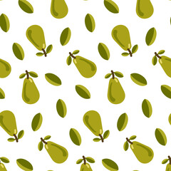 Green pear with leaves seamless pattern. Vector illustration