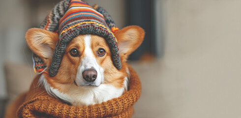 Cute corgi dog in warm hat and scarf on blurred background. International corgi day