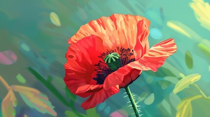 Stunning single poppy flower close-up, digital art illustration. Vibrant red poppy flower with soft and realistic texture.